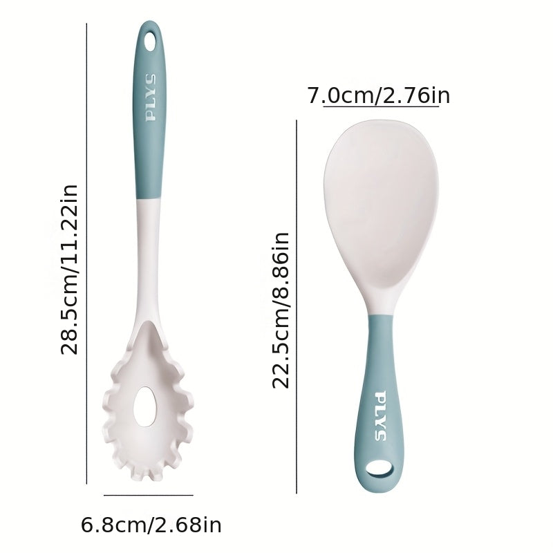 5pcs Milk Blue Kitchen Utensil Set, Including a Soup Ladle, Spatula, Spaghetti Server, Rice Paddle, and Slotted Spoon. Soft and Non-scratch for Pots, Heat-resistant and Easy to Clean. Features a Hook on the End for Convenient Storage, a Great Helper