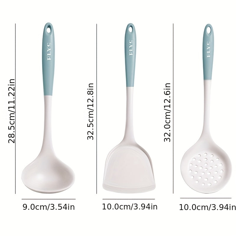 5pcs Milk Blue Kitchen Utensil Set, Including a Soup Ladle, Spatula, Spaghetti Server, Rice Paddle, and Slotted Spoon. Soft and Non-scratch for Pots, Heat-resistant and Easy to Clean. Features a Hook on the End for Convenient Storage, a Great Helper