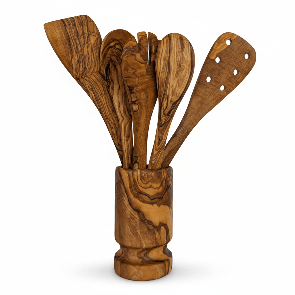 Olive Wood Kitchen Servers Set w\u002FHolder -6 Pcs