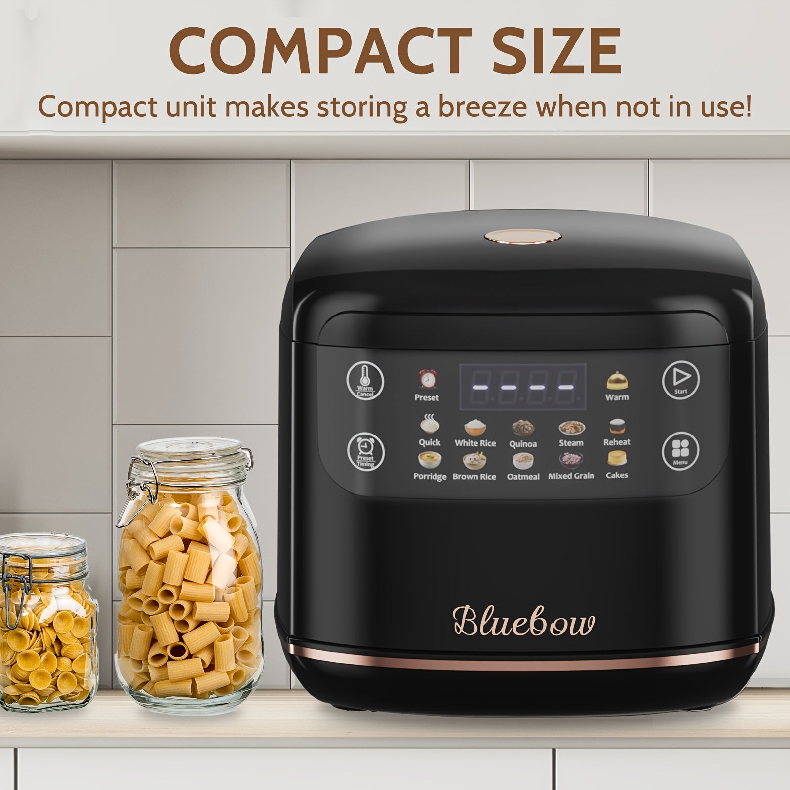 Bluebow 67.63oz Mini Digital Rice Cooker, 10-in-1 Portable Multi Function Rice Cooker, Auto Presets, Non Stick Inner Pot, Touch-screen, Delay & Keep Warm, Black