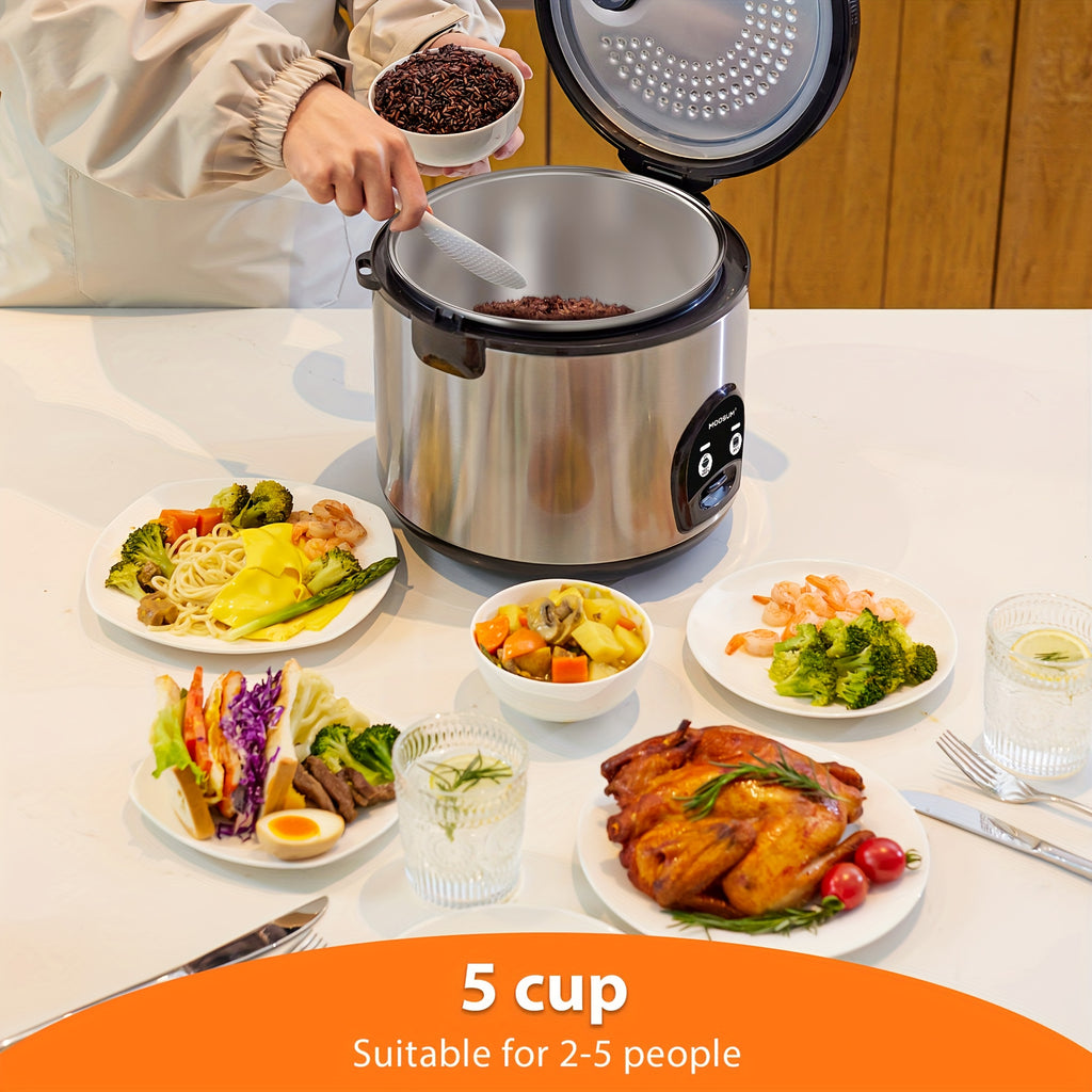 Moosum Electric Rice Cooker with One Touch for Asian Japanese Sushi Rice, 5-Cup Uncooked with Stainless Steel Inner Pot, Removable Inner Cover And Auto Warmer, Silvery