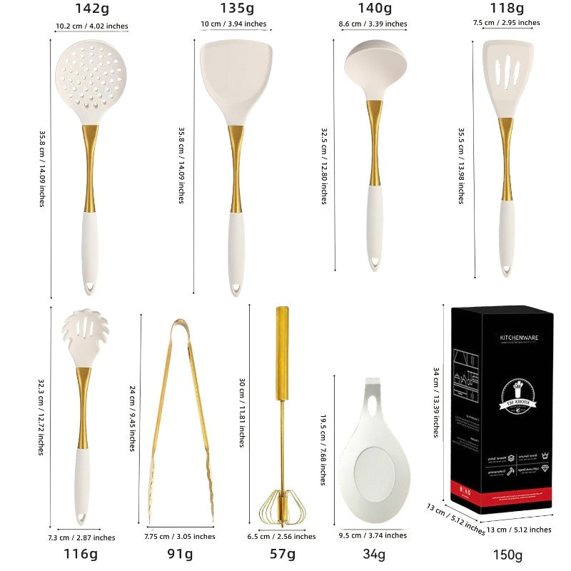 White Golden Handle Silicone Kitchenware 304 Stainless Steel Silicone Kitchenware 8pcs Kitchen Cooking Shovel Spoon Tools