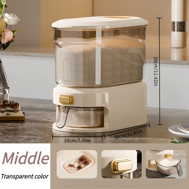 22lbs Large Airtight Rice Dispenser with Press Button Release & Measuring Cup - Transparent\u002FCream White Suitable for Kitchen Pantry Storage, Flip-Top Lid Container, - Operation for Rice, Grains, Pasta Dispensing, Plastic