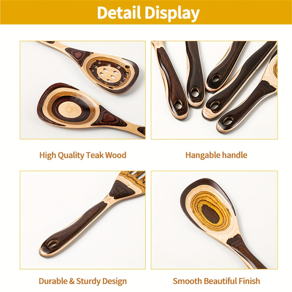 Pakkawood Spurtle Set, Kitchen Utensils Set For Cooking, WOSPONFAN 7pcs Pakkawood Wooden Cooking Spoons & Spatulas With Spoon Rest, Safe For Non-Stick Cookware, Outdoors & Kitchen Gift (Brown Spoon-7pcs)