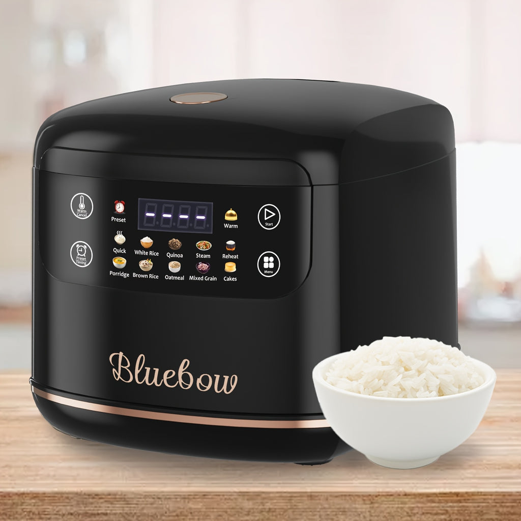 Bluebow Mini Electric Rice Cooker, 2L Portable Multi Function Electric Rice Cooker, 10 Menu Options, Non Stick Inner Pot, Auto Keep Warm, 24H Time Delay Preset, Fast Cooking, LCD Display, Black