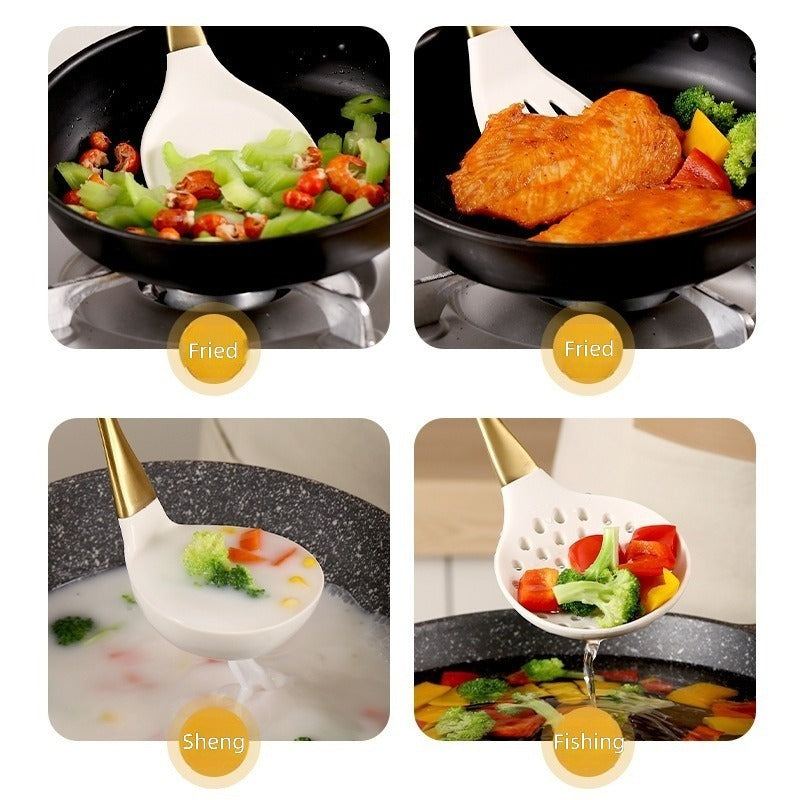 White Golden Handle Silicone Kitchenware 304 Stainless Steel Silicone Kitchenware 8pcs Kitchen Cooking Shovel Spoon Tools