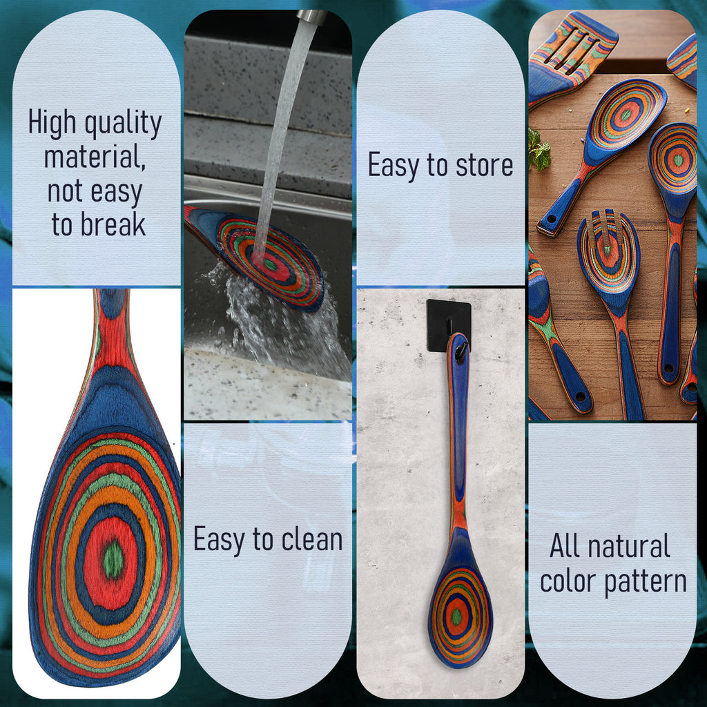 10pcs Pakkawood Kitchen Utensils Set Blue Rainbow Pakkawood Wooden Spoons for Cooking with Spatula, Slotted Turner, Rice Paddle Long Handle Non Stick Utensils Set for Household Women Gifts