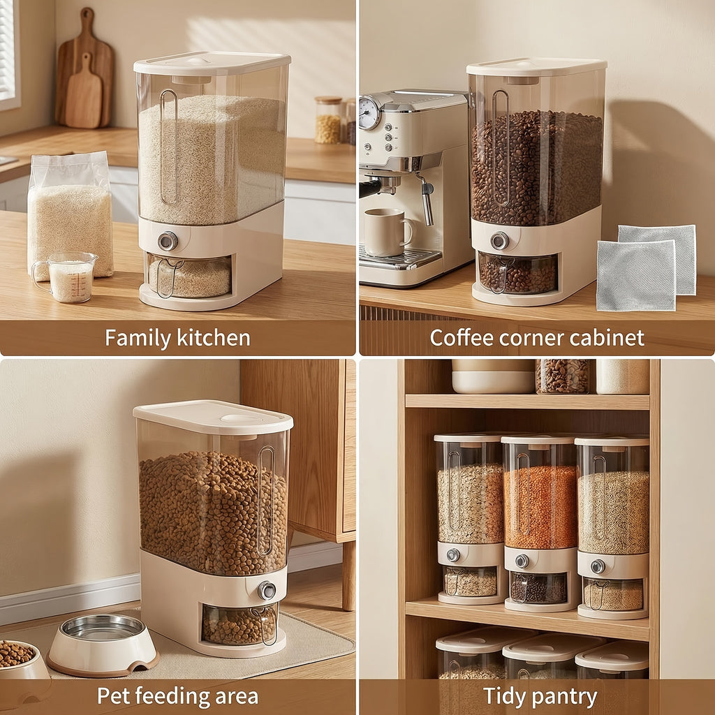 Multifunctional Large Capacity Food Dispenser, Auto Press Insect Proof Moisture Proof Container, 22LB\u002F11LB with Measuring Cup & 2 Dish Cloths for Rice, Grains, Pet Food, Coffee Beans