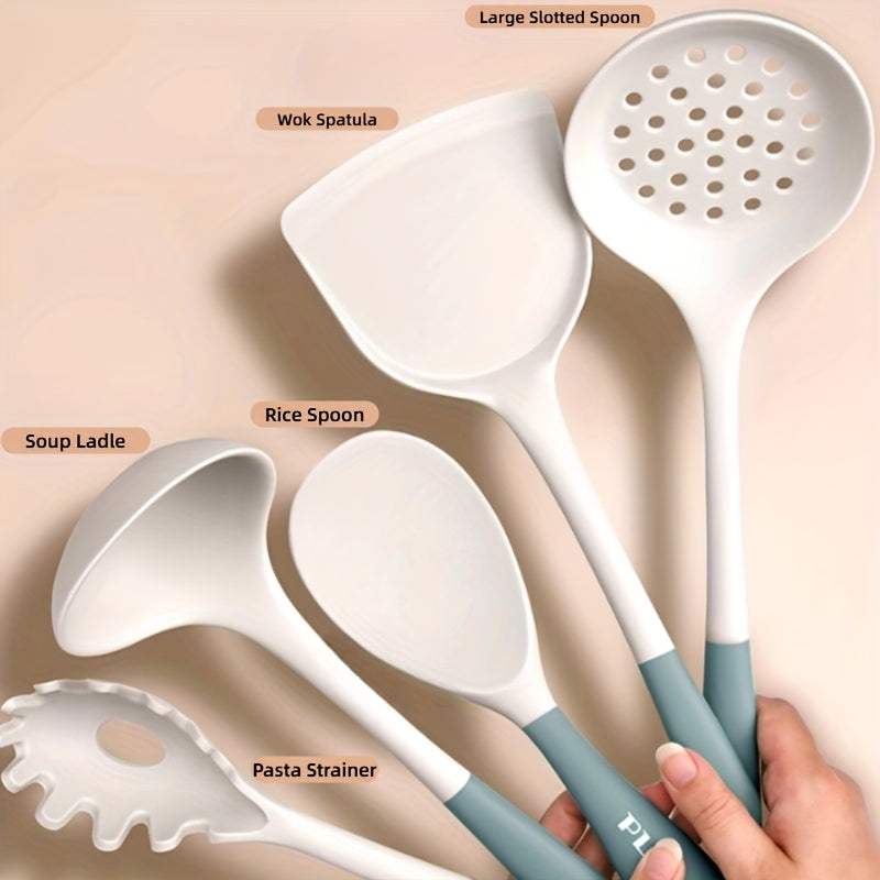 5pcs Milk Blue Kitchen Utensil Set, Including a Soup Ladle, Spatula, Spaghetti Server, Rice Paddle, and Slotted Spoon. Soft and Non-scratch for Pots, Heat-resistant and Easy to Clean. Features a Hook on the End for Convenient Storage, a Great Helper