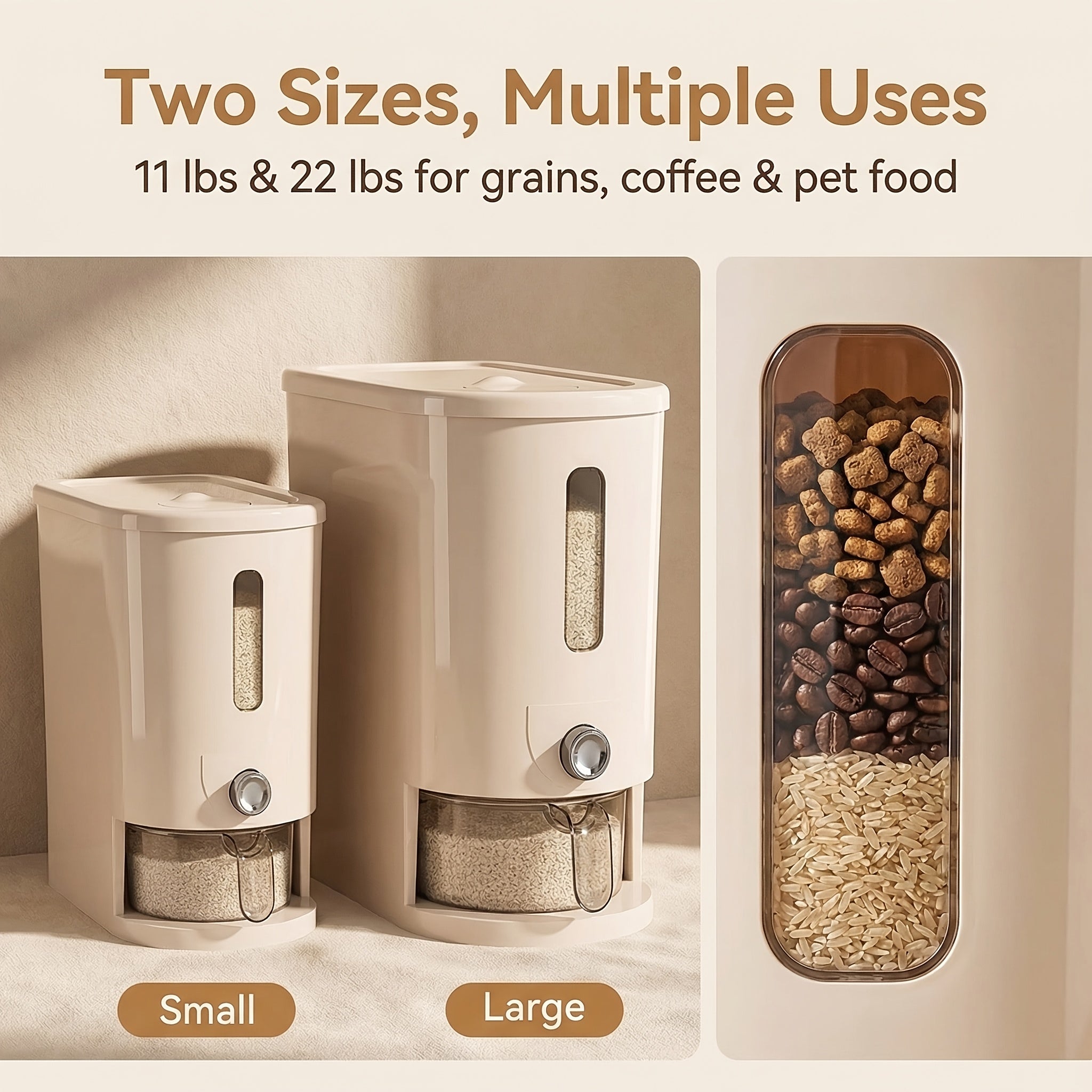 Multifunctional Large Capacity Food Dispenser, Auto Press Insect Proof Moisture Proof Container, 22LB\u002F11LB with Measuring Cup & 2 Dish Cloths for Rice, Grains, Pet Food, Coffee Beans