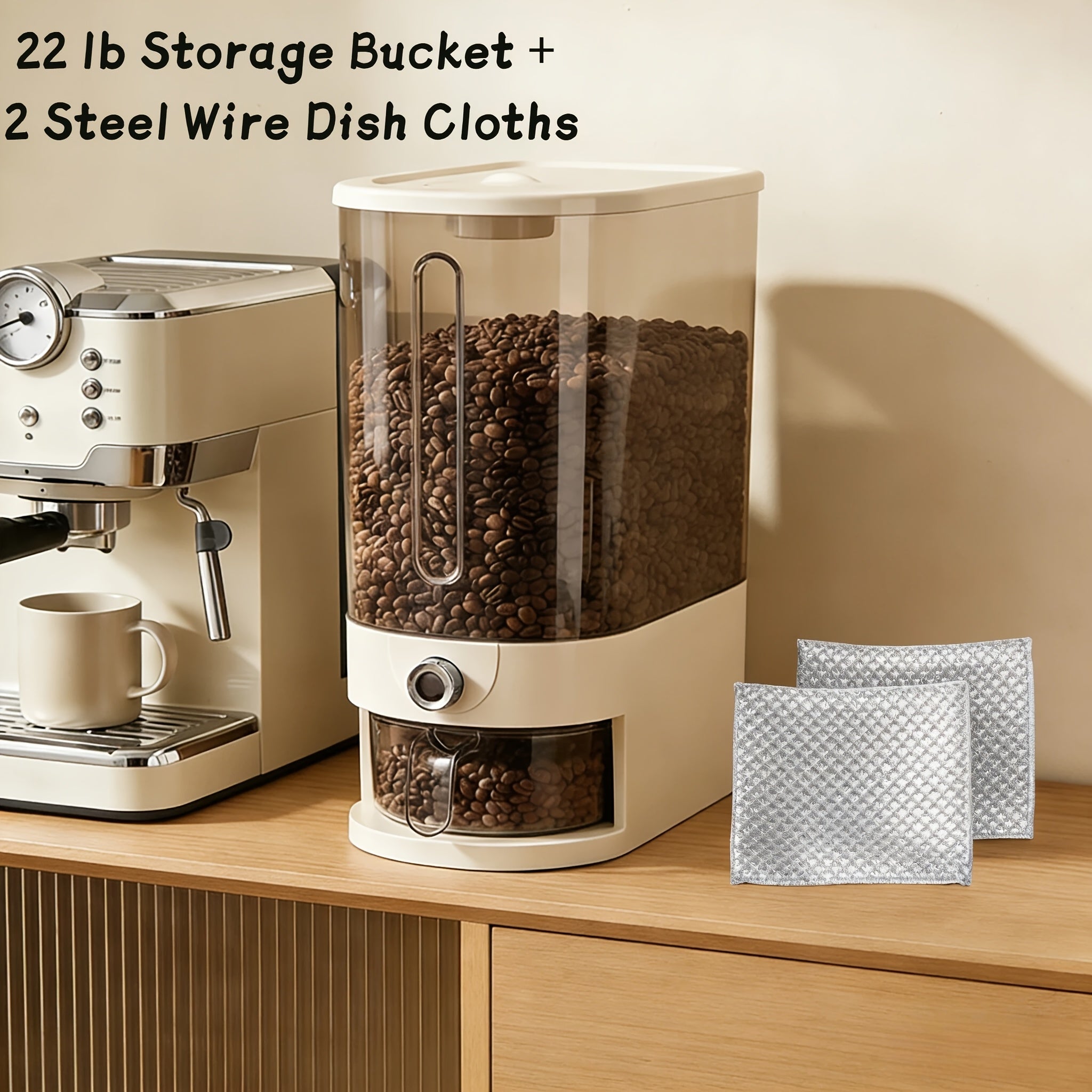 Multifunctional Large Capacity Food Dispenser, Auto Press Insect Proof Moisture Proof Container, 22LB\u002F11LB with Measuring Cup & 2 Dish Cloths for Rice, Grains, Pet Food, Coffee Beans