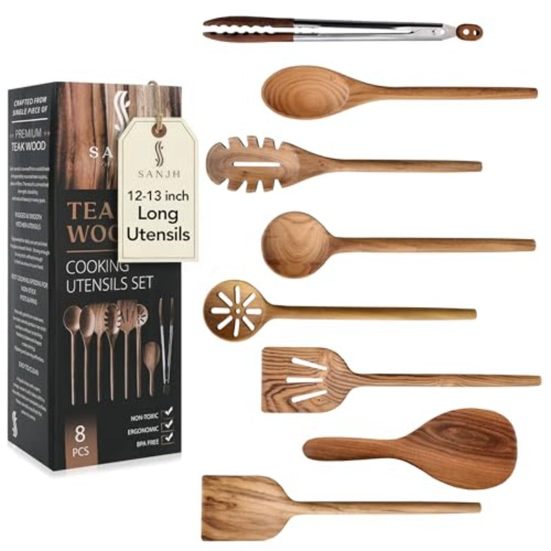 8pcs Teak Wooden Cooking Spoons Set | Wooden Utensil Set With Spatula, Scraper, Pasta Spoon, Rice Paddle, Tongs For Everyday Cooking | Smooth Sanded End, Comfortable Grip Handles, Gentle On Cookware