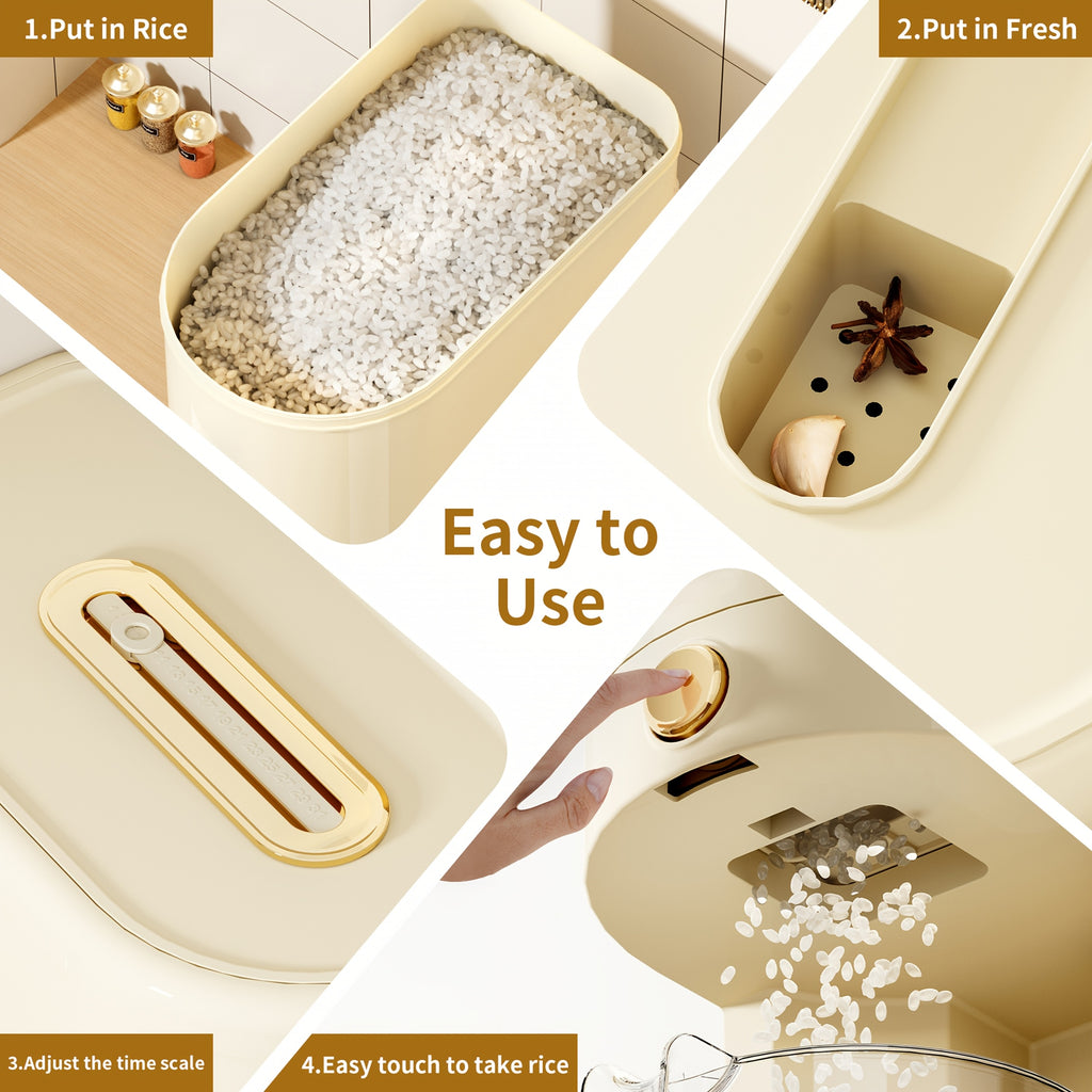 Rice Dispenser 11\u002F22 Pound Large Capacity Press Cup Type Rice Container, Equipped with a Measuring Cup And Moisture-Proof Seal with Time Markings, Can Store Rice, Grains, Pet Food | One Click Design | Kitchen Storage Utensils