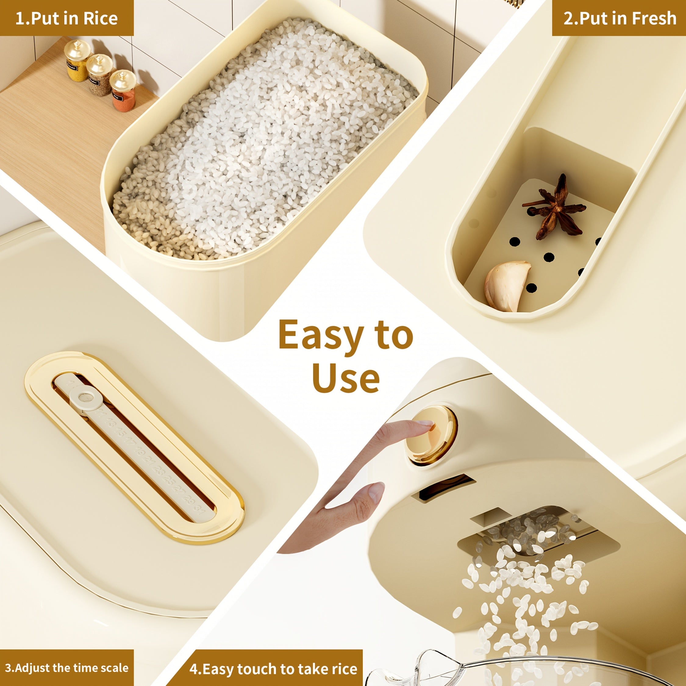 Rice Dispenser 11\u002F22 Pound Large Capacity Press Cup Type Rice Container, Equipped with a Measuring Cup And Moisture-Proof Seal with Time Markings, Can Store Rice, Grains, Pet Food | One Click Design | Kitchen Storage Utensils