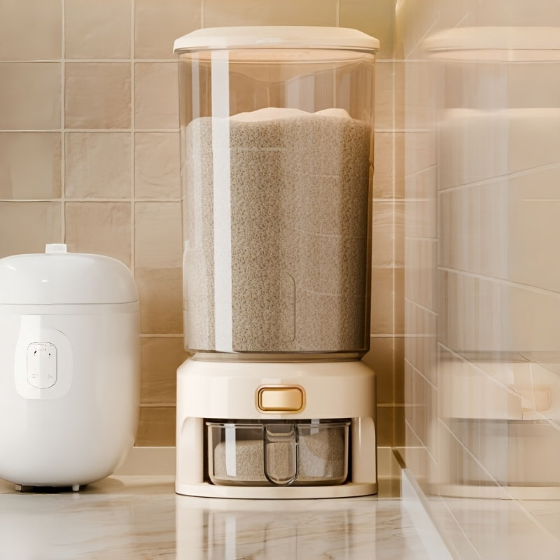 22lbs Large Airtight Rice Dispenser with Press Button Release & Measuring Cup - Transparent\u002FCream White Suitable for Kitchen Pantry Storage, Flip-Top Lid Container, - Operation for Rice, Grains, Pasta Dispensing, Plastic