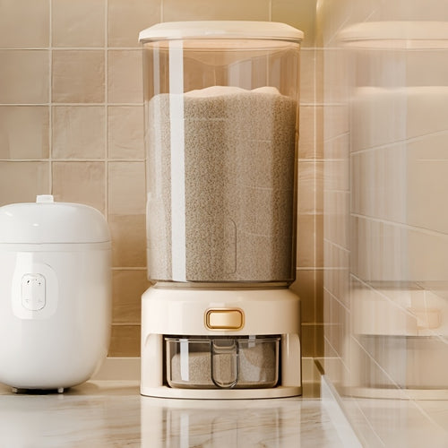 22lbs Large Airtight Rice Dispenser with Press Button Release & Measuring Cup - Transparent\u002FCream White Suitable for Kitchen Pantry Storage, Flip-Top Lid Container, - Operation for Rice, Grains, Pasta Dispensing, Plastic