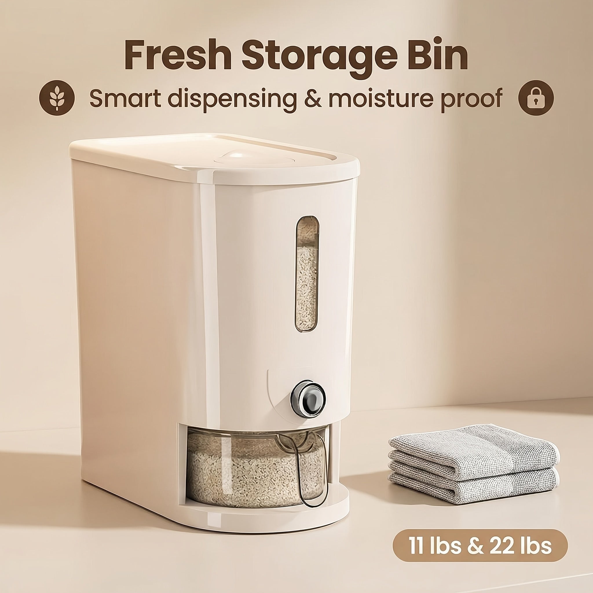 Multifunctional Large Capacity Food Dispenser, Auto Press Insect Proof Moisture Proof Container, 22LB\u002F11LB with Measuring Cup & 2 Dish Cloths for Rice, Grains, Pet Food, Coffee Beans