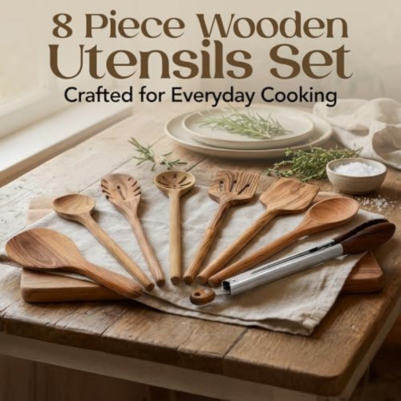 8pcs Teak Wooden Cooking Spoons Set | Wooden Utensil Set With Spatula, Scraper, Pasta Spoon, Rice Paddle, Tongs For Everyday Cooking | Smooth Sanded End, Comfortable Grip Handles, Gentle On Cookware