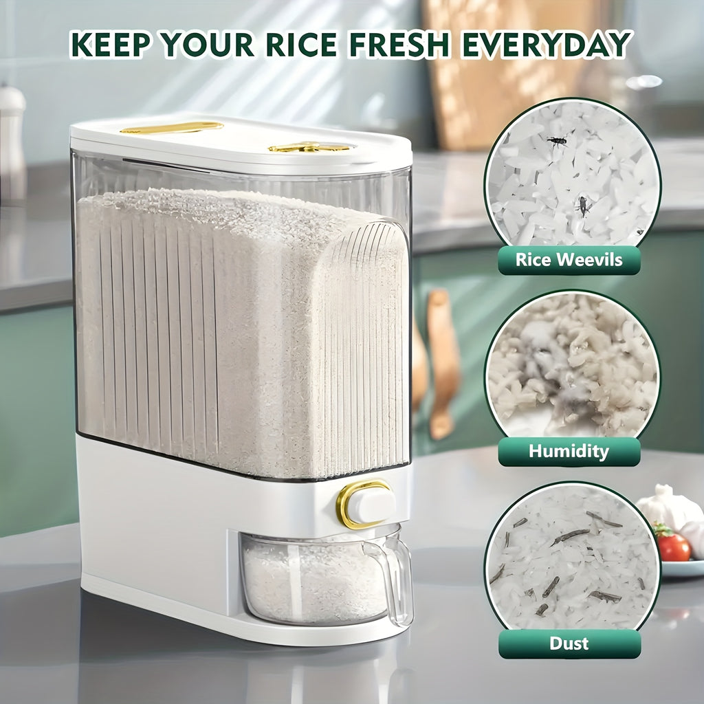 Large Rice & Cereal Dispenser, 22Lbs Plastic Grain Storage Container with Airtight Flip-Top Lid, Clear Front Panel for Dry Foods (Rice, Corn, Soybeans), Measuring Cup & Time Dial, Pantry Bulk Grain Dispenser for Commercial