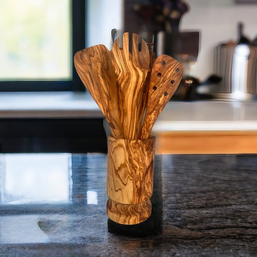 Olive Wood Kitchen Servers Set w\u002FHolder -6 Pcs