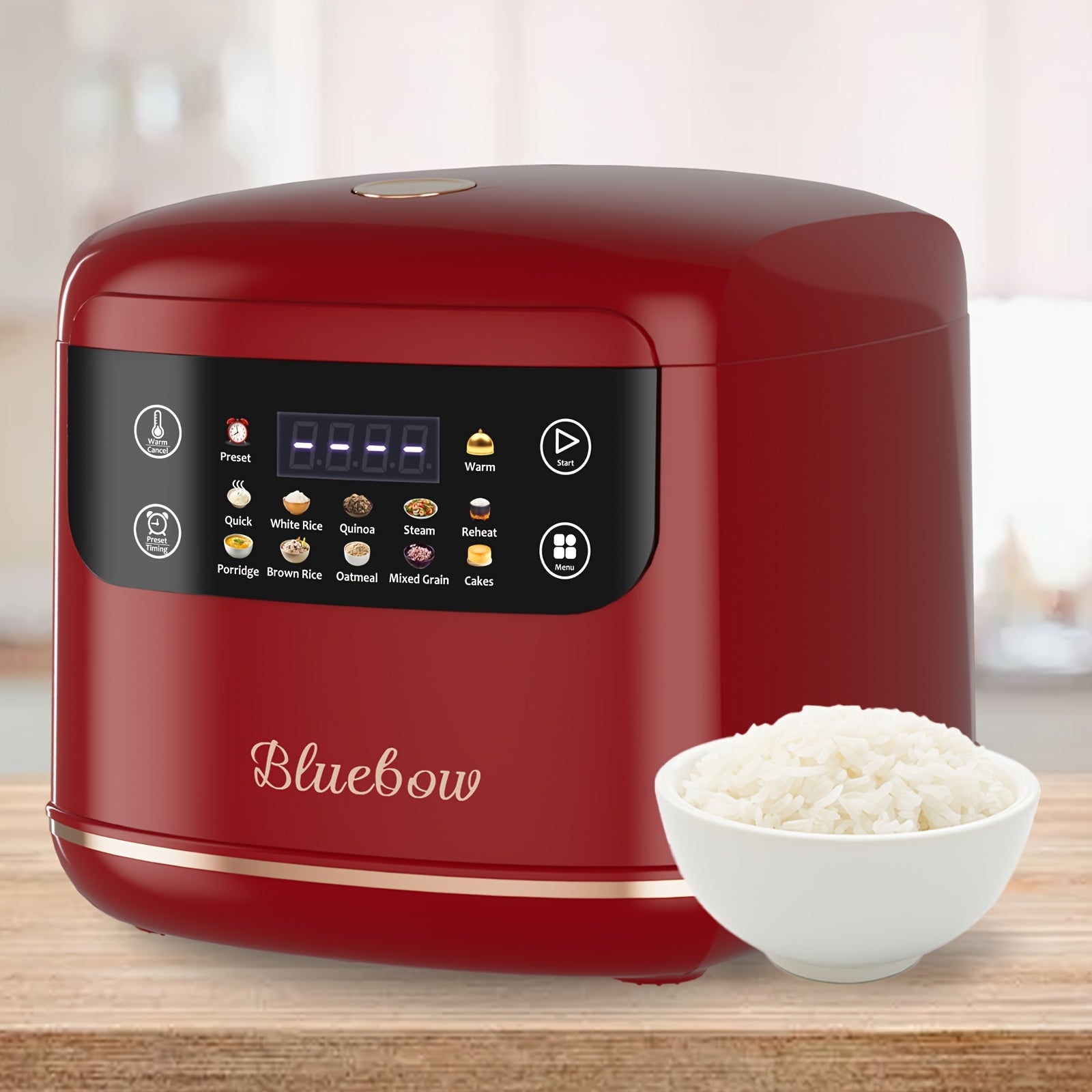 Bluebow Mini Electric Rice Cooker, 2L Portable Multi Function Electric Rice Cooker, 10 Menu Options, Non Stick Inner Pot, Auto Keep Warm, 24H Time Delay Preset, Fast Cooking, LCD Display, Black