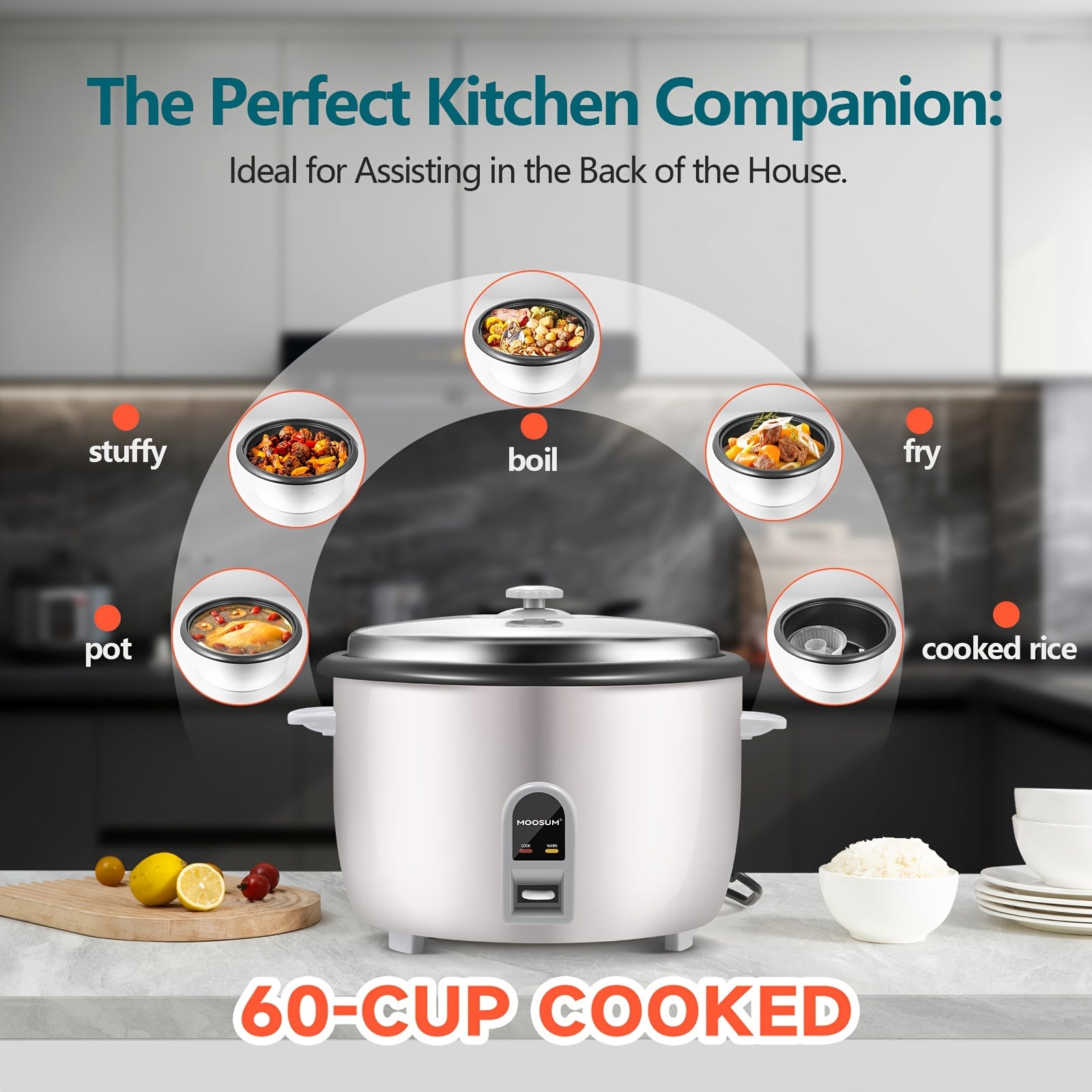 MOOSUM Commercial Rice Cooker, with a Large Capacity of 30 Cups Uncooked And 60 Cups Cooked, Features One-Touch Operation And a 12-Hour Keep Warm Function, Making It User-Friendly And Easy to Clean
