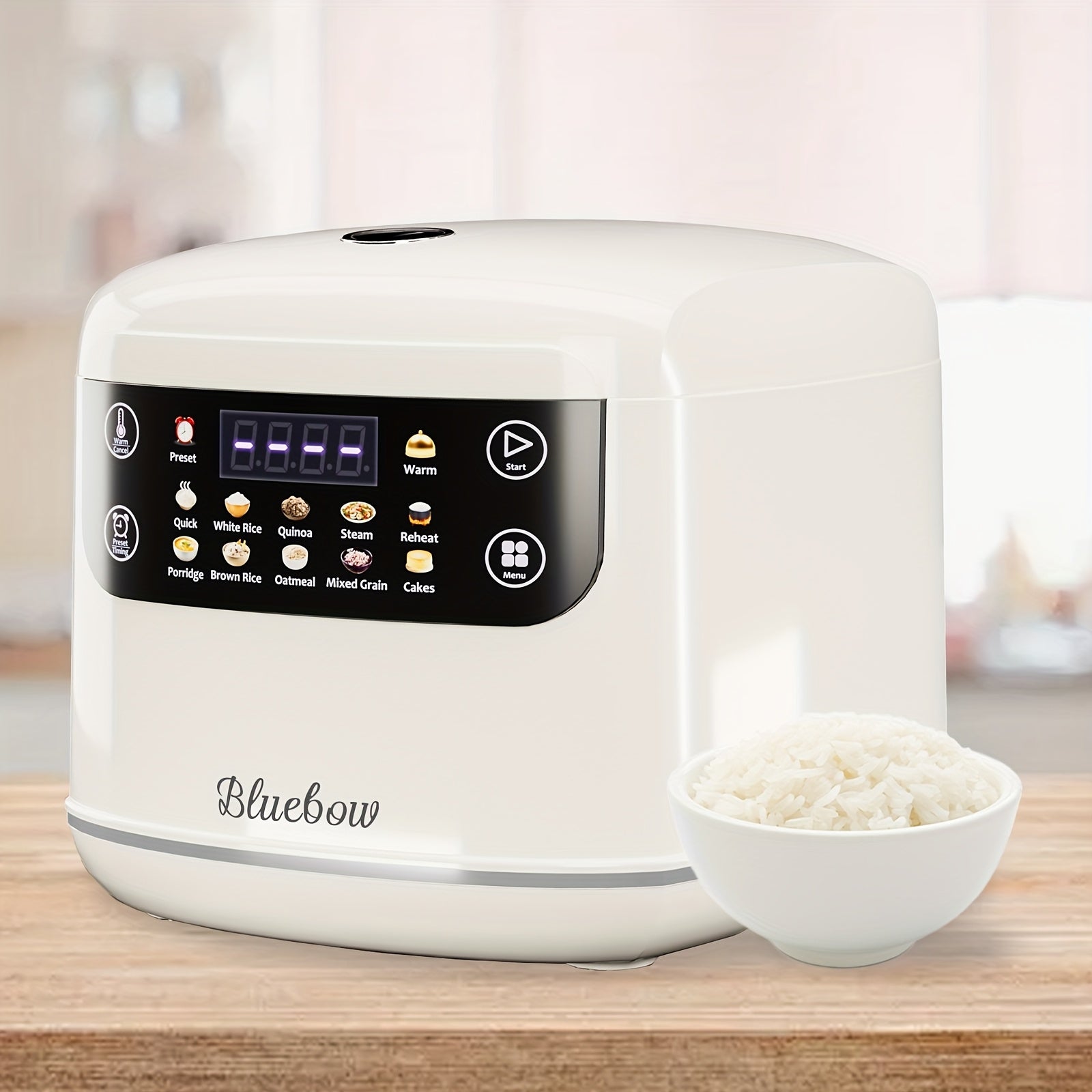 Bluebow Mini Electric Rice Cooker, 2L Portable Multi Function Electric Rice Cooker, 10 Menu Options, Non Stick Inner Pot, Auto Keep Warm, 24H Time Delay Preset, Fast Cooking, LCD Display, Black