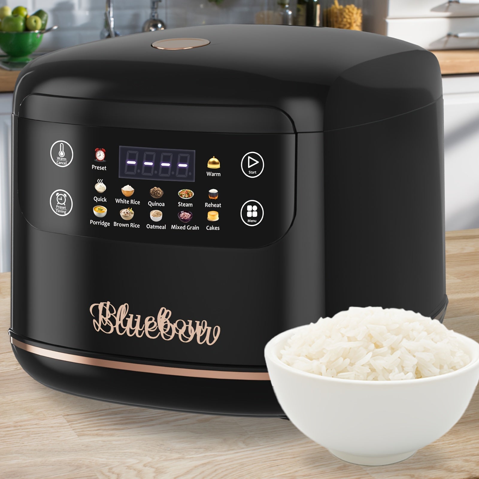 Bluebow Mini Electric Rice Cooker, 2L Portable Multi Function Electric Rice Cooker, 10 Menu Options, Non Stick Inner Pot, Auto Keep Warm, 24H Time Delay Preset, Fast Cooking, LCD Display, Black
