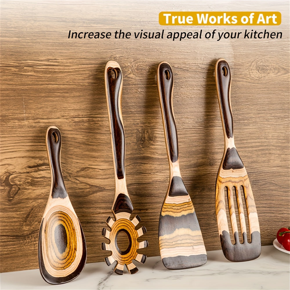Pakkawood Spurtle Set, Kitchen Utensils Set For Cooking, WOSPONFAN 7pcs Pakkawood Wooden Cooking Spoons & Spatulas With Spoon Rest, Safe For Non-Stick Cookware, Outdoors & Kitchen Gift (Brown Spoon-7pcs)