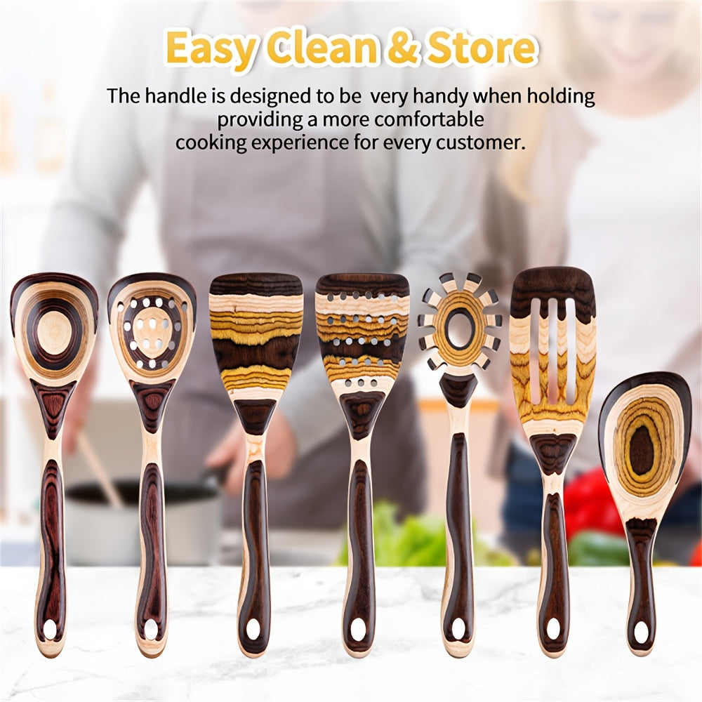 Pakkawood Spurtle Set, Kitchen Utensils Set For Cooking, WOSPONFAN 7pcs Pakkawood Wooden Cooking Spoons & Spatulas With Spoon Rest, Safe For Non-Stick Cookware, Outdoors & Kitchen Gift (Brown Spoon-7pcs)