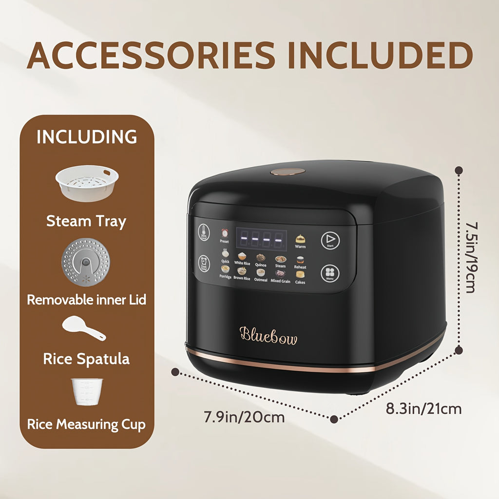 Bluebow 67.63oz Mini Digital Rice Cooker, 10-in-1 Portable Multi Function Rice Cooker, Auto Presets, Non Stick Inner Pot, Touch-screen, Delay & Keep Warm, Black