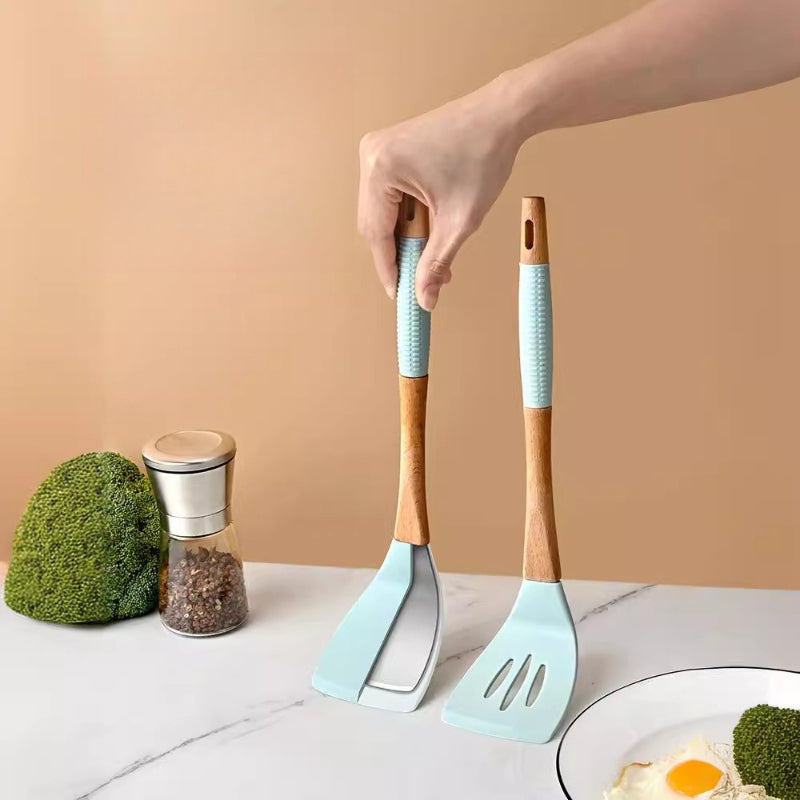 5pcs Silicone Kitchenware Set | Nonstick Cooking Utensils with Wooden Handle, Heat-Resistant Spatula and Spoon Set for Home Use, Ideal for Various Holidays