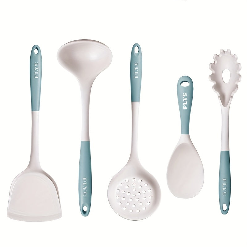 5pcs Milk Blue Kitchen Utensil Set, Including a Soup Ladle, Spatula, Spaghetti Server, Rice Paddle, and Slotted Spoon. Soft and Non-scratch for Pots, Heat-resistant and Easy to Clean. Features a Hook on the End for Convenient Storage, a Great Helper