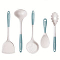5pcs Milk Blue Kitchen Utensil Set, Including a Soup Ladle, Spatula, Spaghetti Server, Rice Paddle, and Slotted Spoon. Soft and Non-scratch for Pots, Heat-resistant and Easy to Clean. Features a Hook on the End for Convenient Storage, a Great Helper