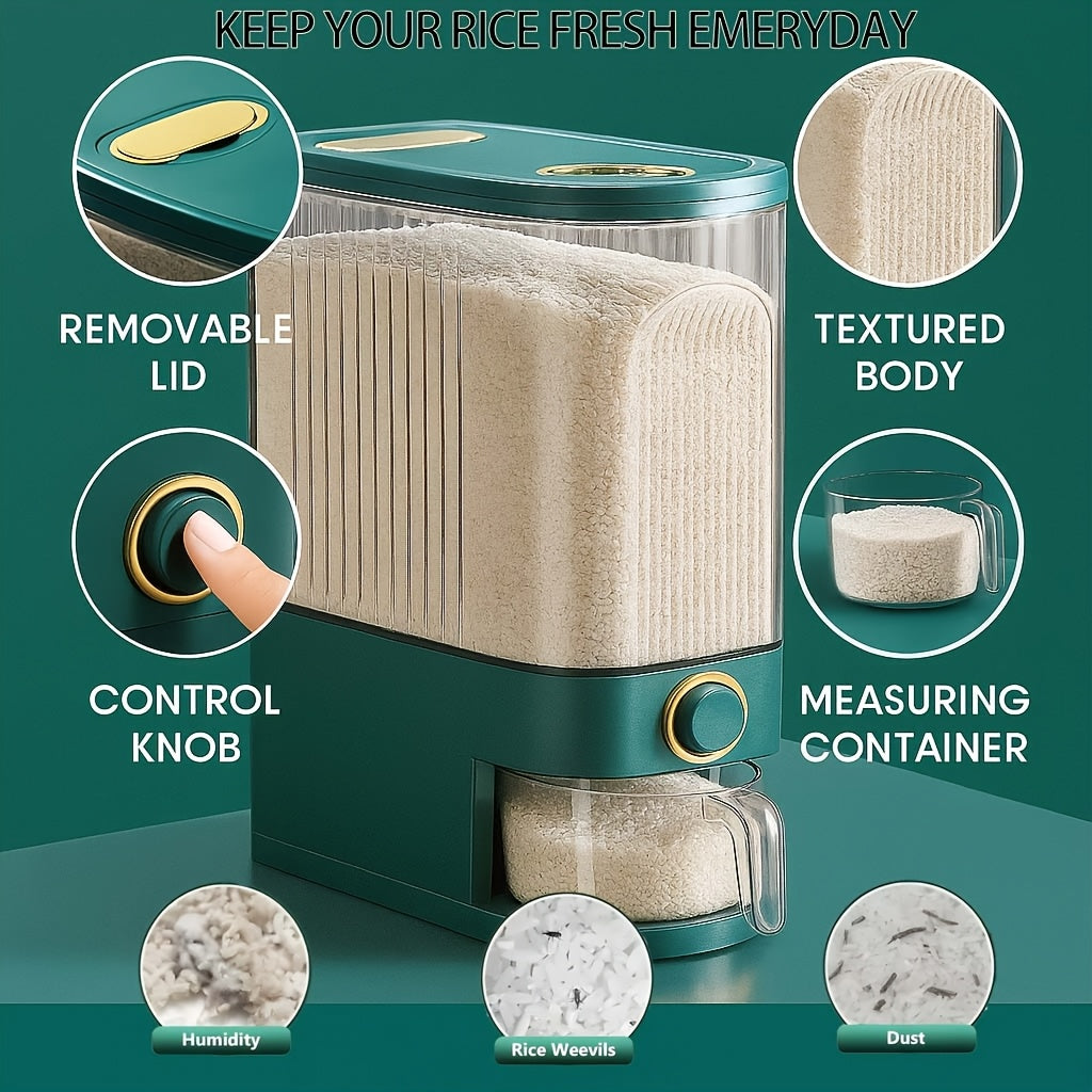 Large Rice & Cereal Dispenser, 22Lbs Plastic Grain Storage Container with Airtight Flip-Top Lid, Clear Front Panel for Dry Foods (Rice, Corn, Soybeans), Measuring Cup & Time Dial, Pantry Bulk Grain Dispenser for Commercial