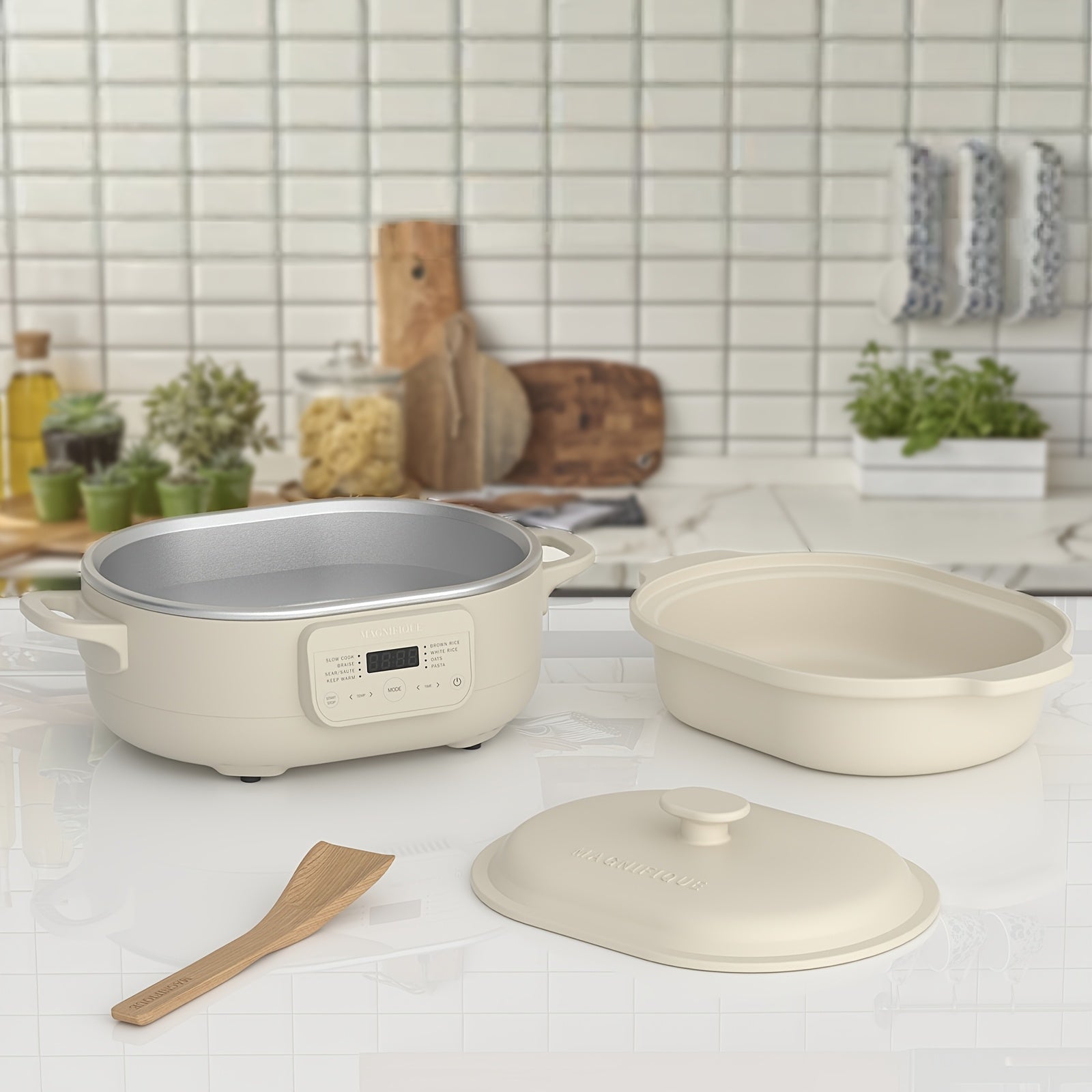 4.5 Quart 8-in-1 Clay Pot Multi-Cooker Slow Cooker with Removable Pot & Serving Spatula - Programmable Multi-Function Cooker Suitable for Braise, Sear\u002FSaute, Rice, Pasta, Oats - Clay Pot Technology, Plug, Compact for Small Kitchens