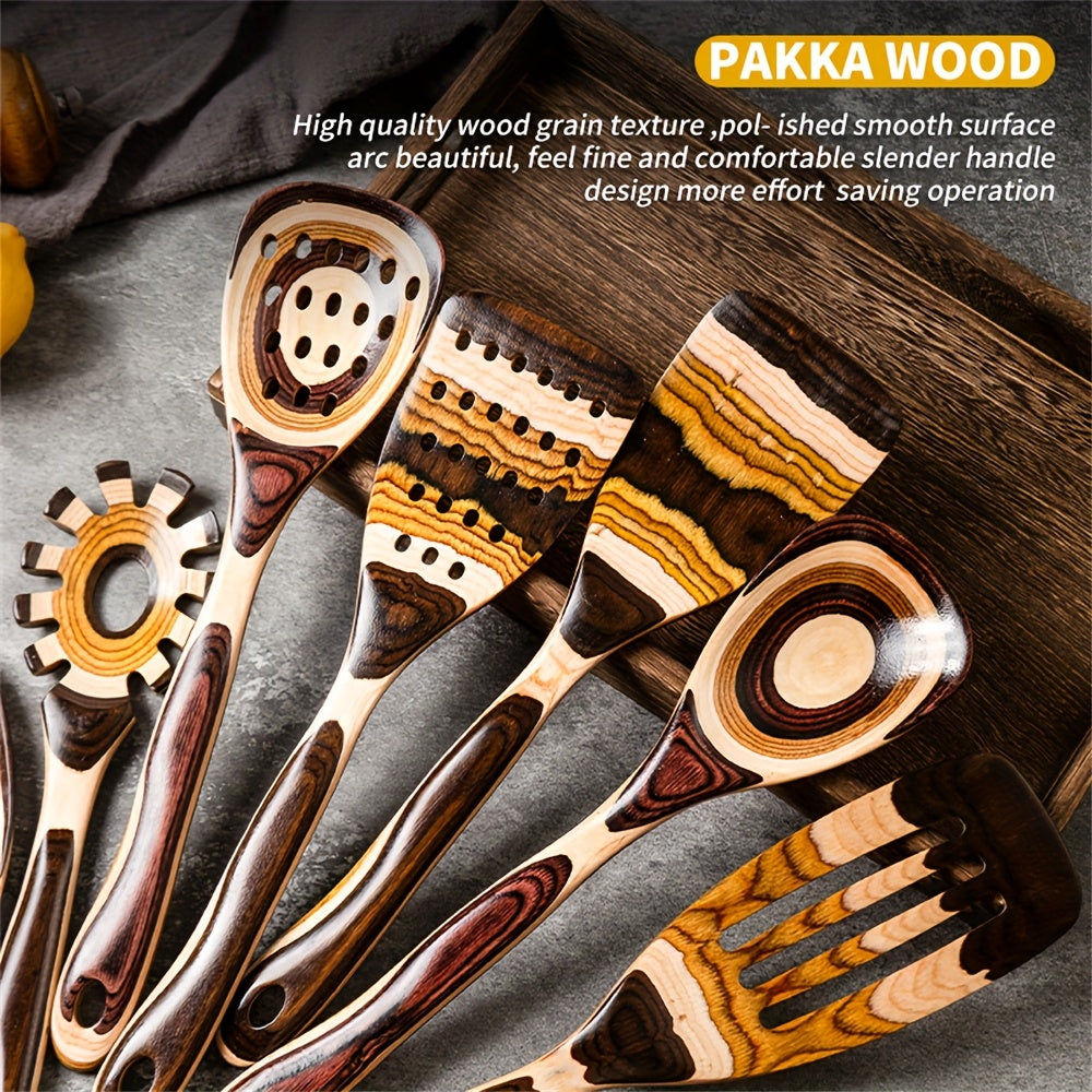 Pakkawood Spurtle Set, Kitchen Utensils Set For Cooking, WOSPONFAN 7pcs Pakkawood Wooden Cooking Spoons & Spatulas With Spoon Rest, Safe For Non-Stick Cookware, Outdoors & Kitchen Gift (Brown Spoon-7pcs)