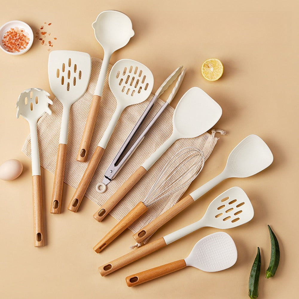 10pcs Set: Silicone Spatula, Non-Stick Turner, Soup Ladle, Food-Grade Slotted Spoon Home Kitchen Set