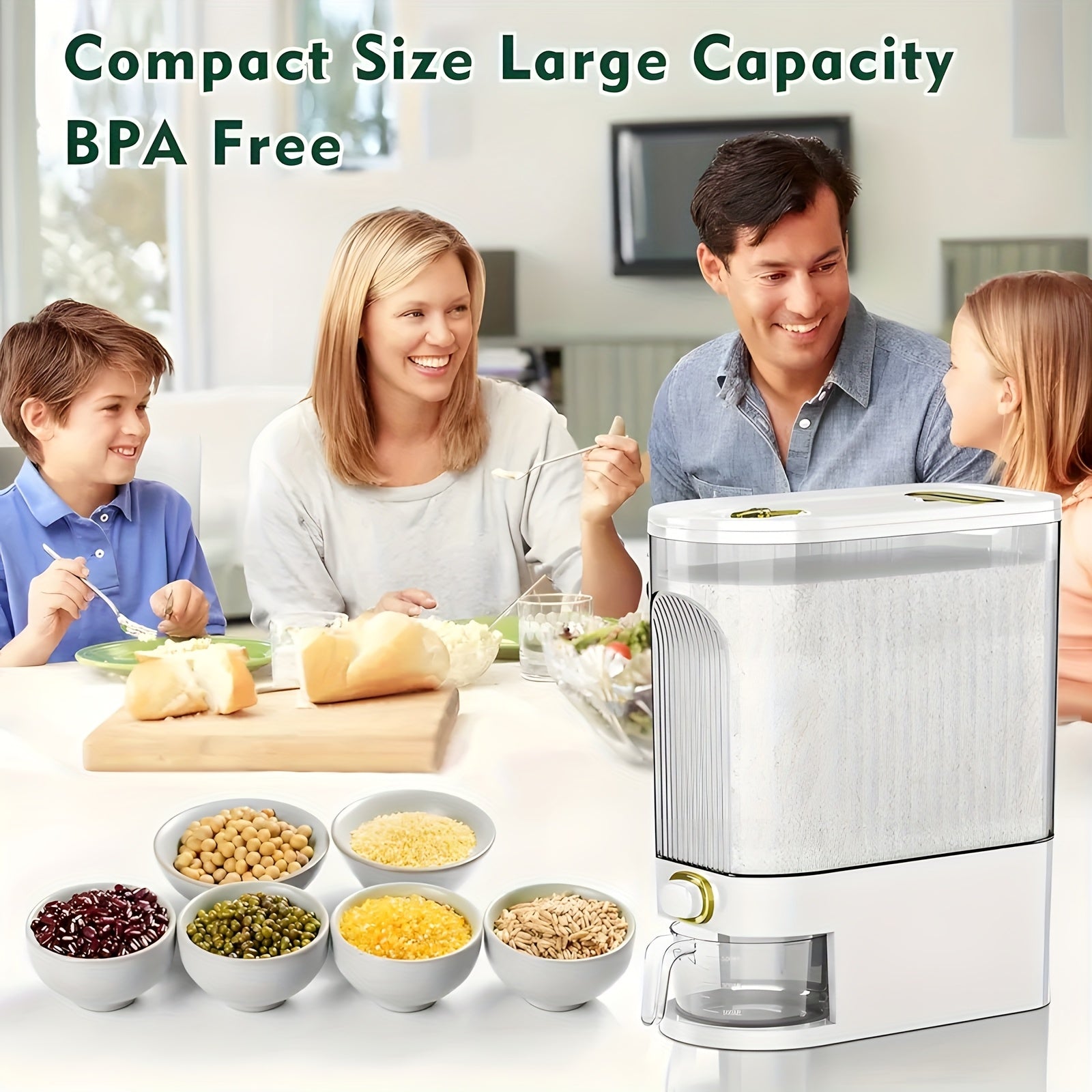 Large Rice & Cereal Dispenser, 22Lbs Plastic Grain Storage Container with Airtight Flip-Top Lid, Clear Front Panel for Dry Foods (Rice, Corn, Soybeans), Measuring Cup & Time Dial, Pantry Bulk Grain Dispenser for Commercial