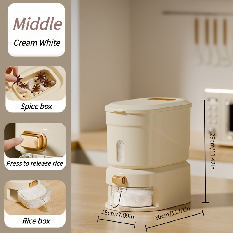 22lbs Large Airtight Rice Dispenser with Press Button Release & Measuring Cup - Transparent\u002FCream White Suitable for Kitchen Pantry Storage, Flip-Top Lid Container, - Operation for Rice, Grains, Pasta Dispensing, Plastic