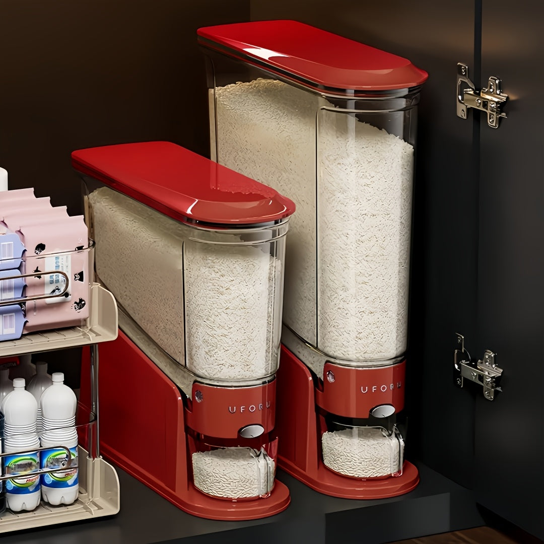 Large Capacity Automatic Rice Dispenser with Transparent Window & Measuring Cup - Airtight Flip-Top Lid Suitable for Rice, Grains, Pet Food Storage Container, Multi-Functional PET Organizer for Kitchen Pantry, Countertop, for Grain Dispenser