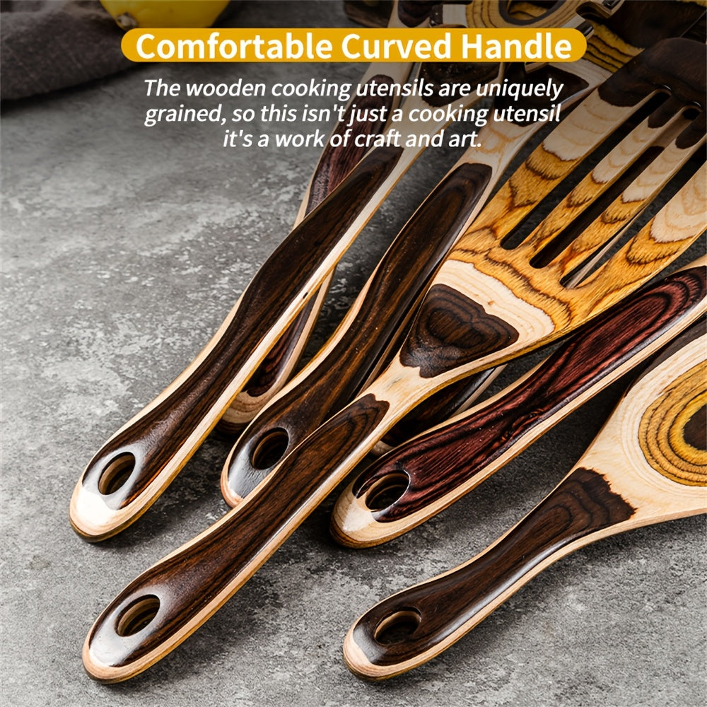 Pakkawood Spurtle Set, Kitchen Utensils Set For Cooking, WOSPONFAN 7pcs Pakkawood Wooden Cooking Spoons & Spatulas With Spoon Rest, Safe For Non-Stick Cookware, Outdoors & Kitchen Gift (Brown Spoon-7pcs)