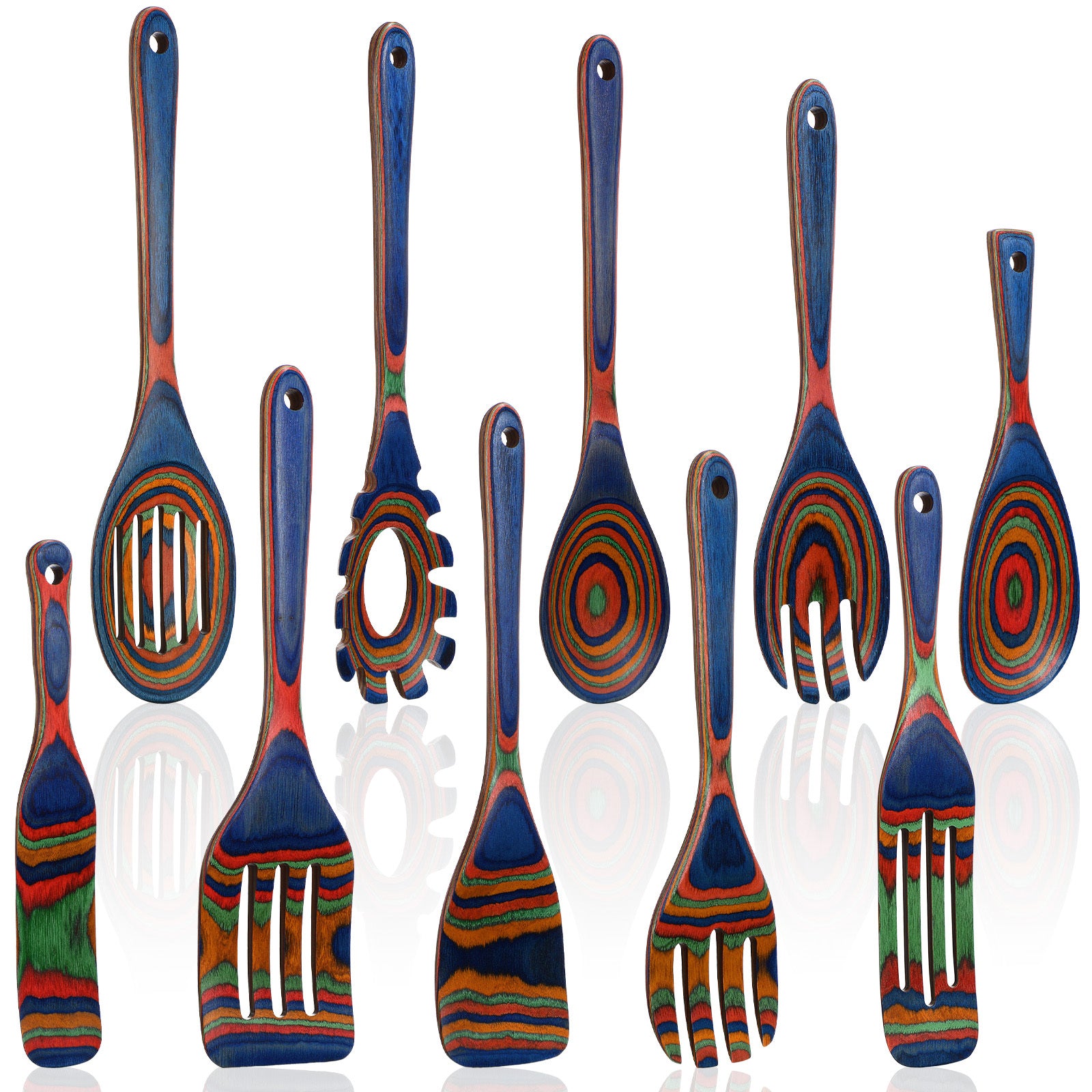 10pcs Pakkawood Kitchen Utensils Set Blue Rainbow Pakkawood Wooden Spoons for Cooking with Spatula, Slotted Turner, Rice Paddle Long Handle Non Stick Utensils Set for Household Women Gifts