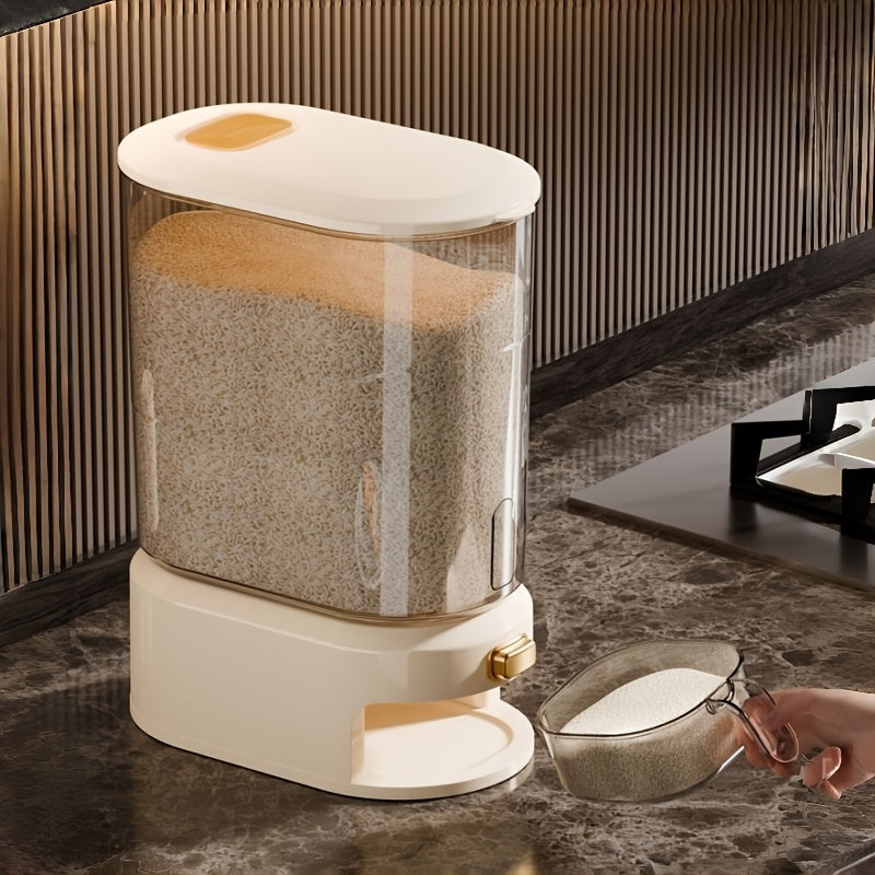 22lbs Large Airtight Rice Dispenser with Press Button Release & Measuring Cup - Transparent\u002FCream White Suitable for Kitchen Pantry Storage, Flip-Top Lid Container, - Operation for Rice, Grains, Pasta Dispensing, Plastic