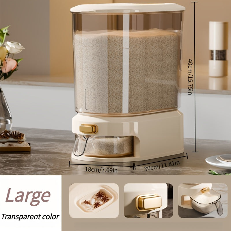 22lbs Large Airtight Rice Dispenser with Press Button Release & Measuring Cup - Transparent\u002FCream White Suitable for Kitchen Pantry Storage, Flip-Top Lid Container, - Operation for Rice, Grains, Pasta Dispensing, Plastic