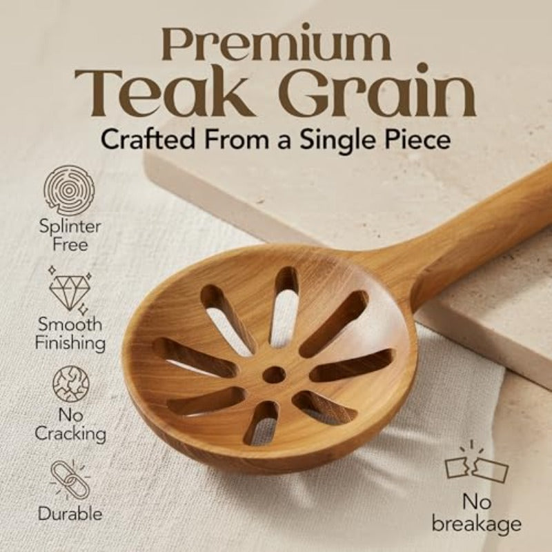 8pcs Teak Wooden Cooking Spoons Set | Wooden Utensil Set With Spatula, Scraper, Pasta Spoon, Rice Paddle, Tongs For Everyday Cooking | Smooth Sanded End, Comfortable Grip Handles, Gentle On Cookware