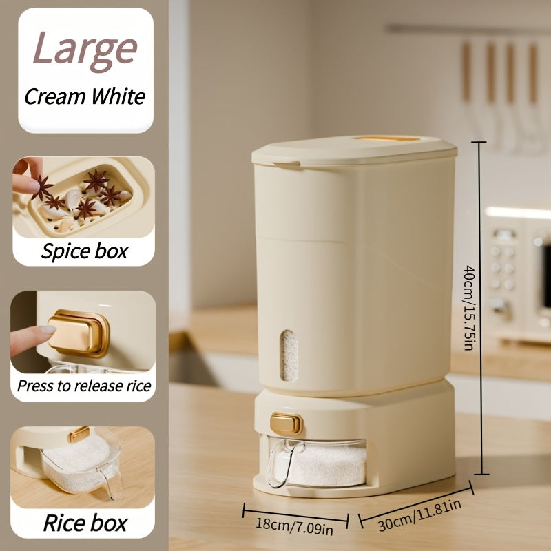 22lbs Large Airtight Rice Dispenser with Press Button Release & Measuring Cup - Transparent\u002FCream White Suitable for Kitchen Pantry Storage, Flip-Top Lid Container, - Operation for Rice, Grains, Pasta Dispensing, Plastic