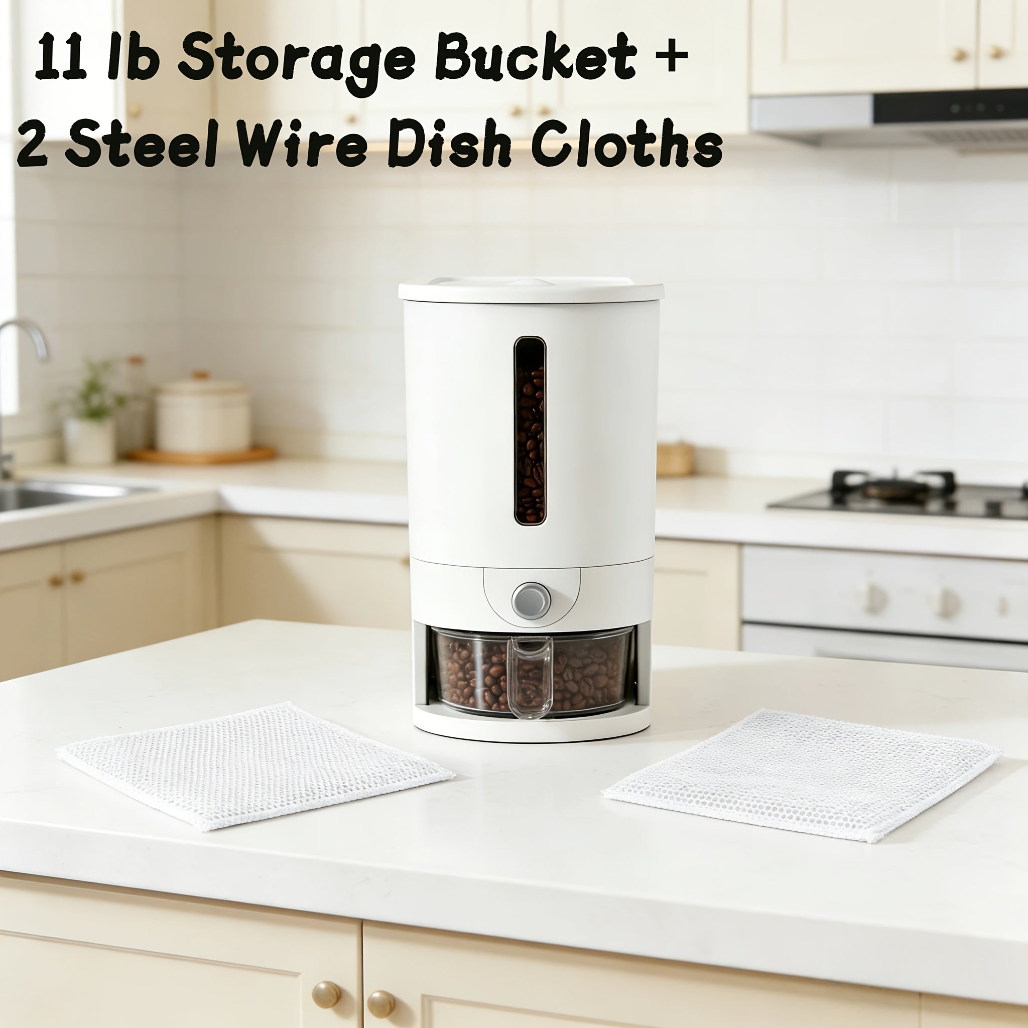 Multifunctional Large Capacity Food Dispenser, Auto Press Insect Proof Moisture Proof Container, 22LB\u002F11LB with Measuring Cup & 2 Dish Cloths for Rice, Grains, Pet Food, Coffee Beans