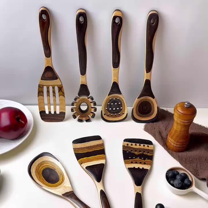 Pakkawood Spurtle Set, Kitchen Utensils Set For Cooking, WOSPONFAN 7pcs Pakkawood Wooden Cooking Spoons & Spatulas With Spoon Rest, Safe For Non-Stick Cookware, Outdoors & Kitchen Gift (Brown Spoon-7pcs)