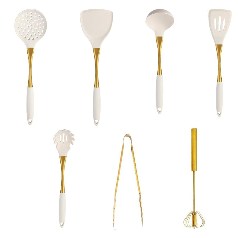 White Golden Handle Silicone Kitchenware 304 Stainless Steel Silicone Kitchenware 8pcs Kitchen Cooking Shovel Spoon Tools